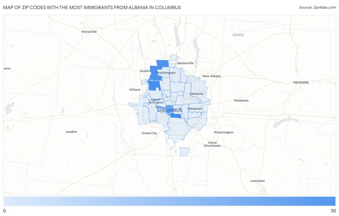 Zip Codes with the Most Immigrants from Albania in Columbus Map