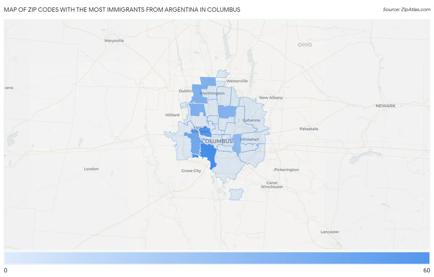 Zip Codes with the Most Immigrants from Argentina in Columbus Map