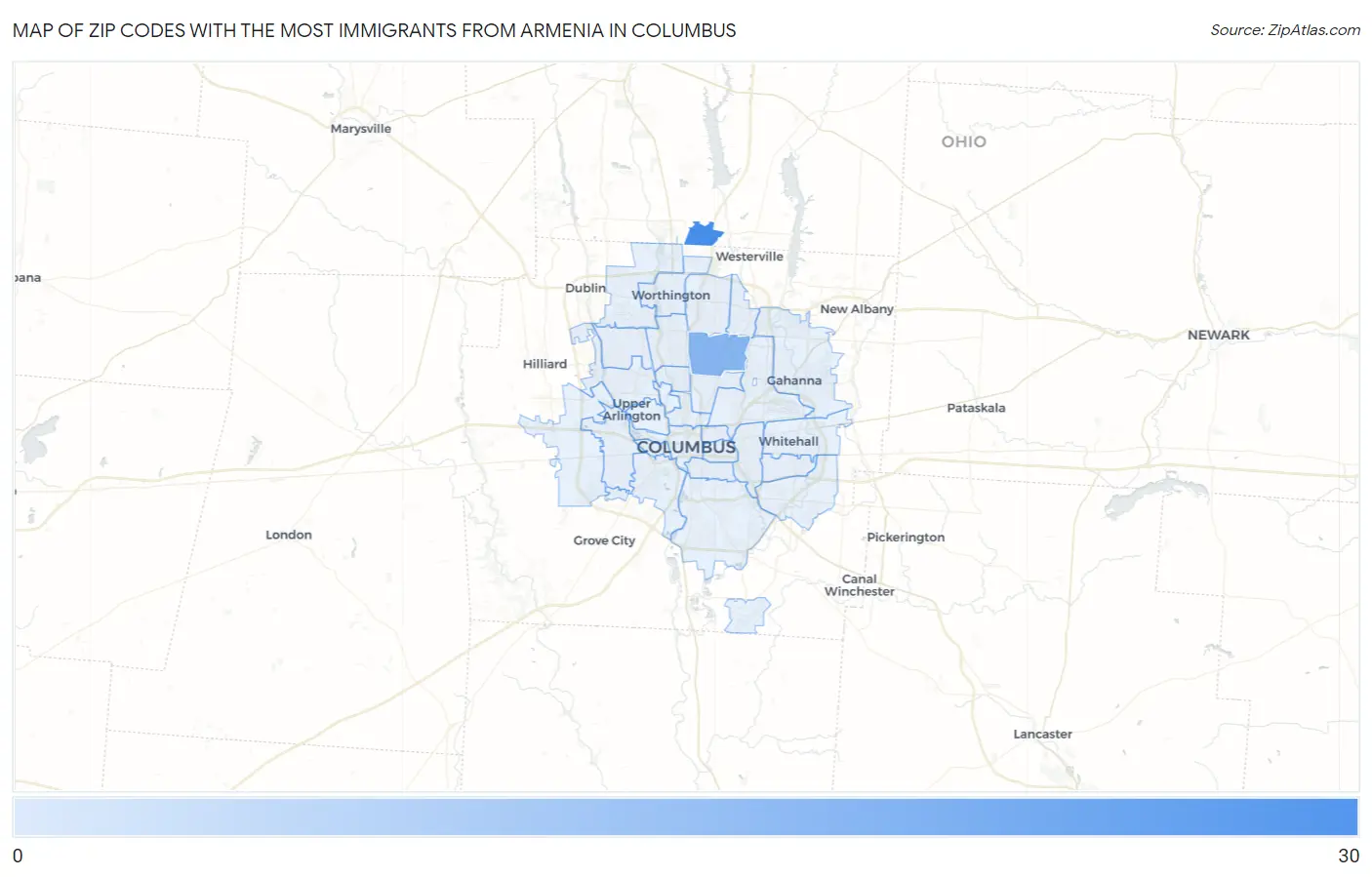 Zip Codes with the Most Immigrants from Armenia in Columbus Map
