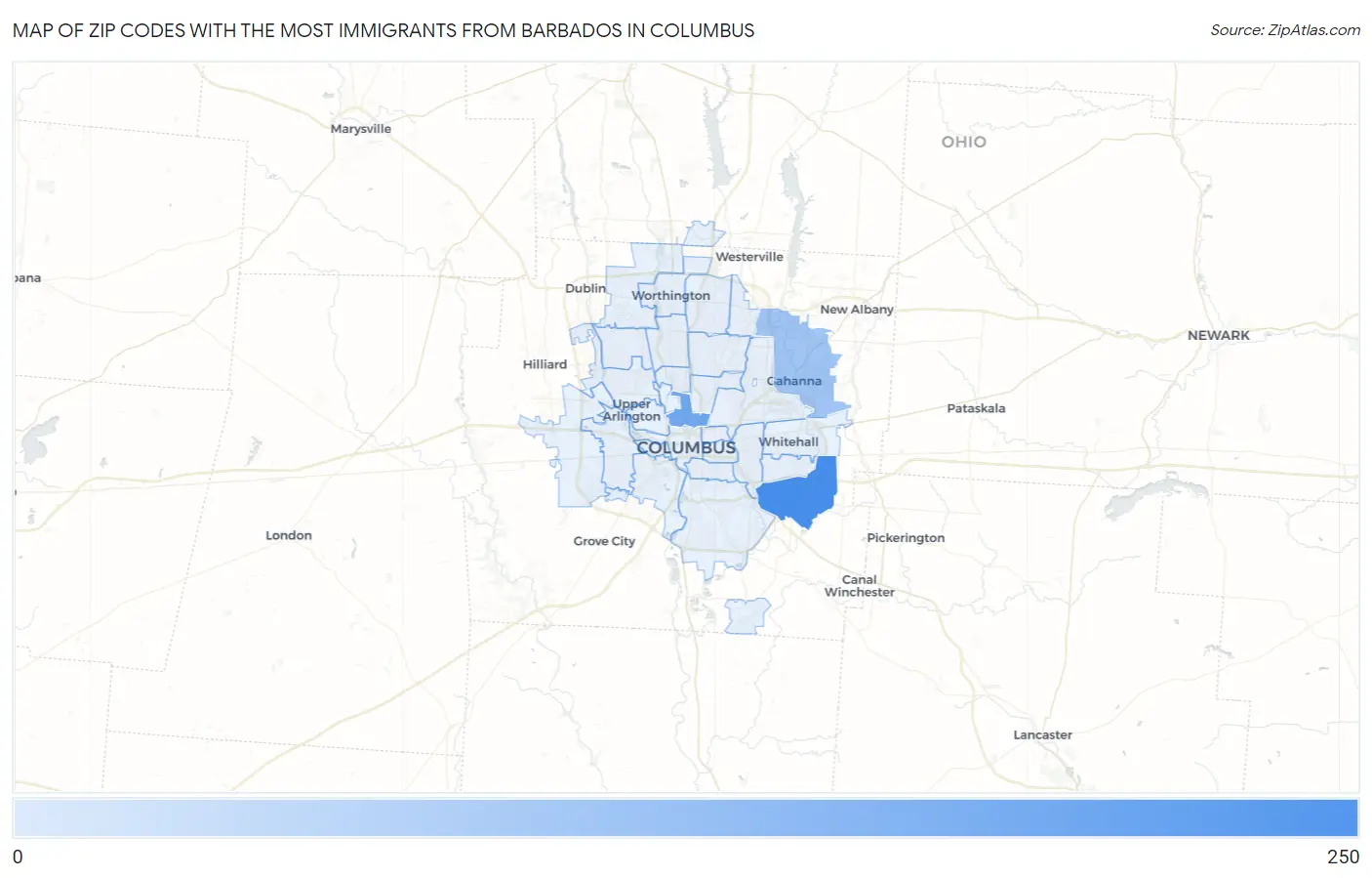 Zip Codes with the Most Immigrants from Barbados in Columbus Map