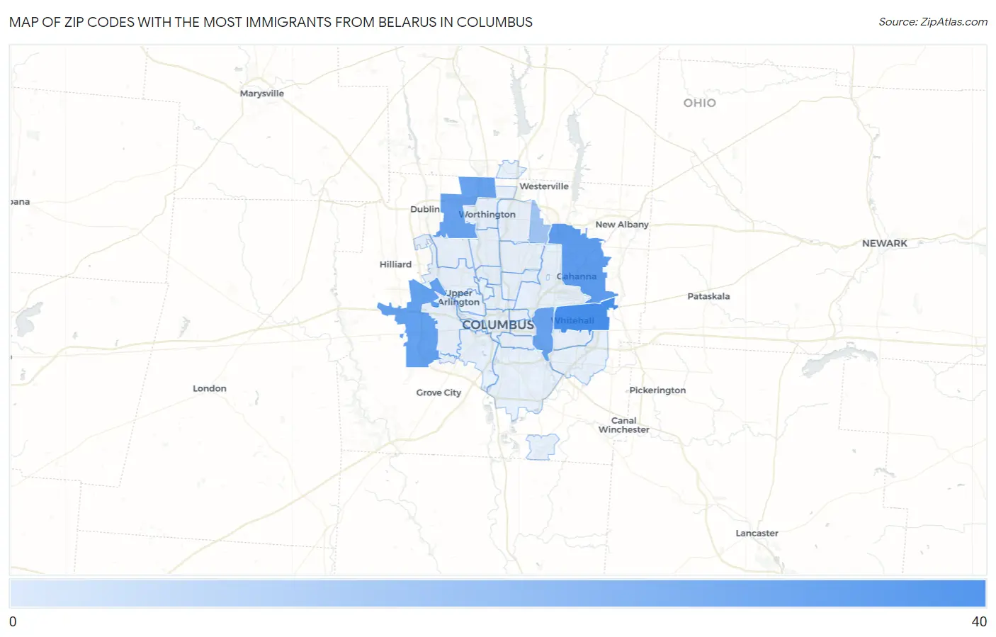 Zip Codes with the Most Immigrants from Belarus in Columbus Map