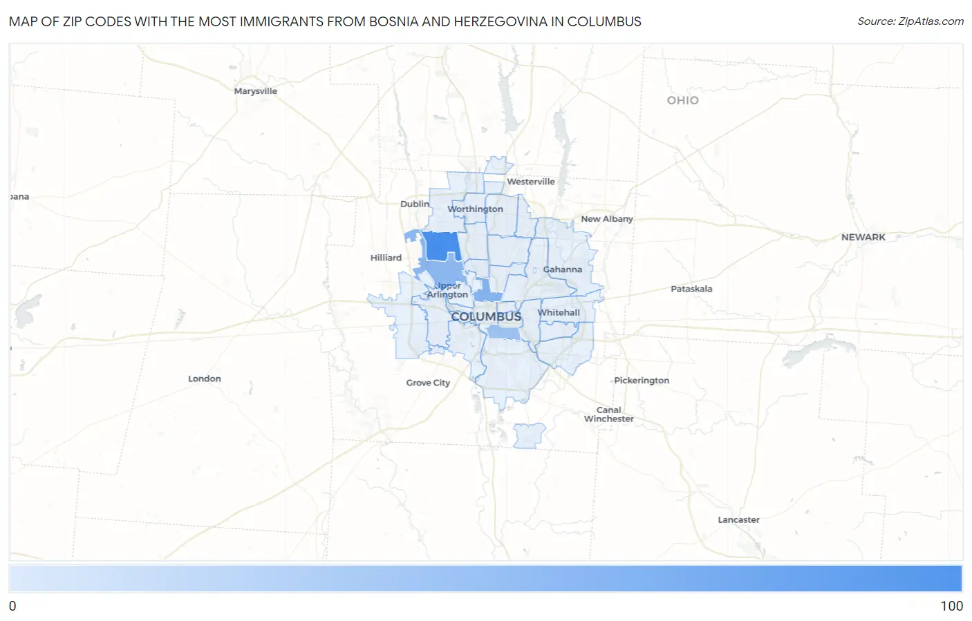 Zip Codes with the Most Immigrants from Bosnia and Herzegovina in Columbus Map