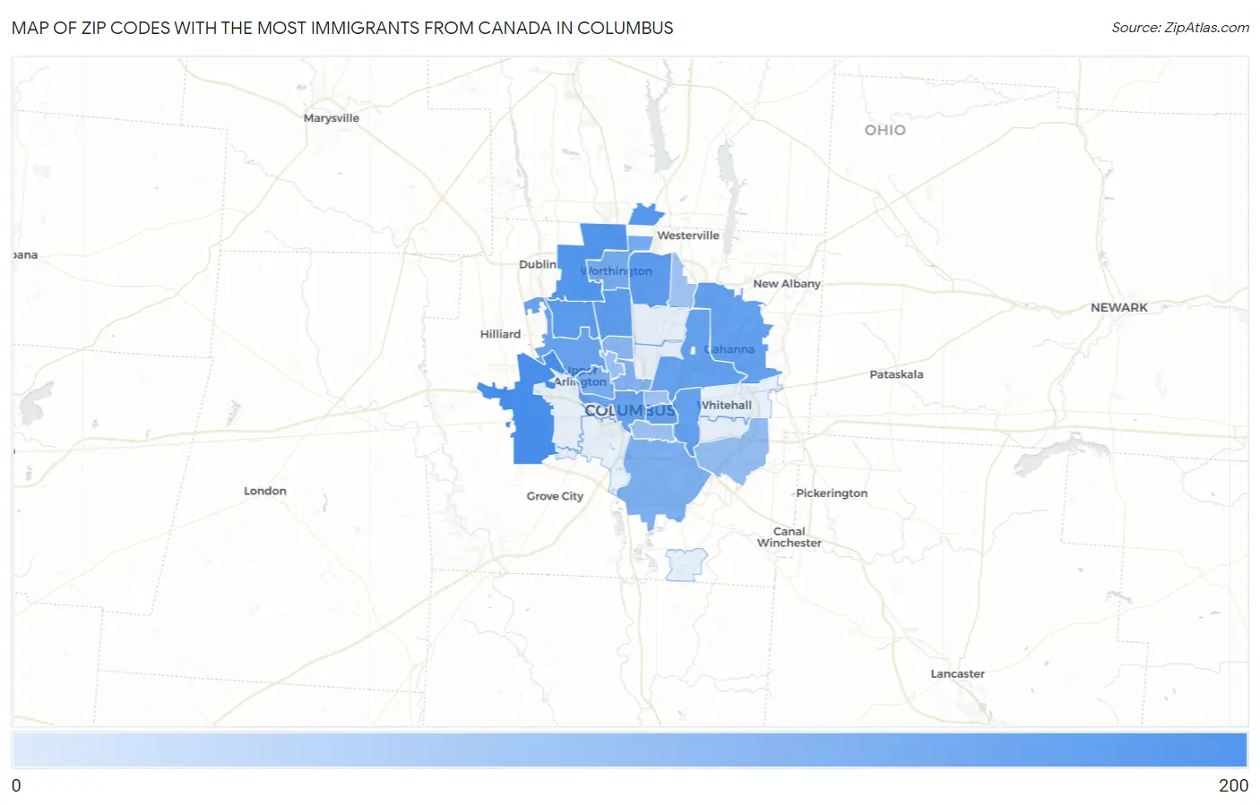 Zip Codes with the Most Immigrants from Canada in Columbus Map