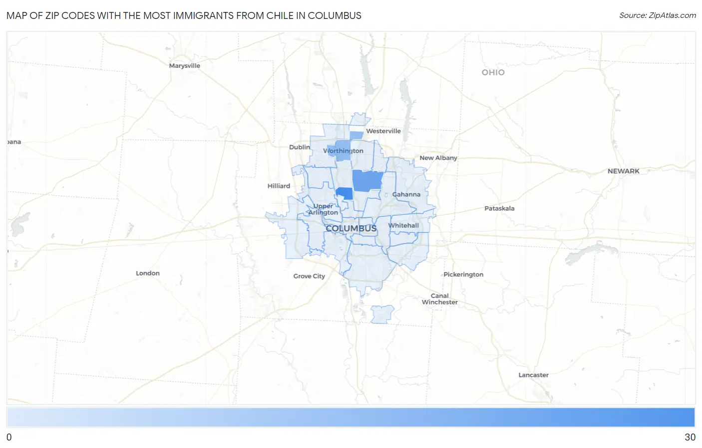 Zip Codes with the Most Immigrants from Chile in Columbus Map