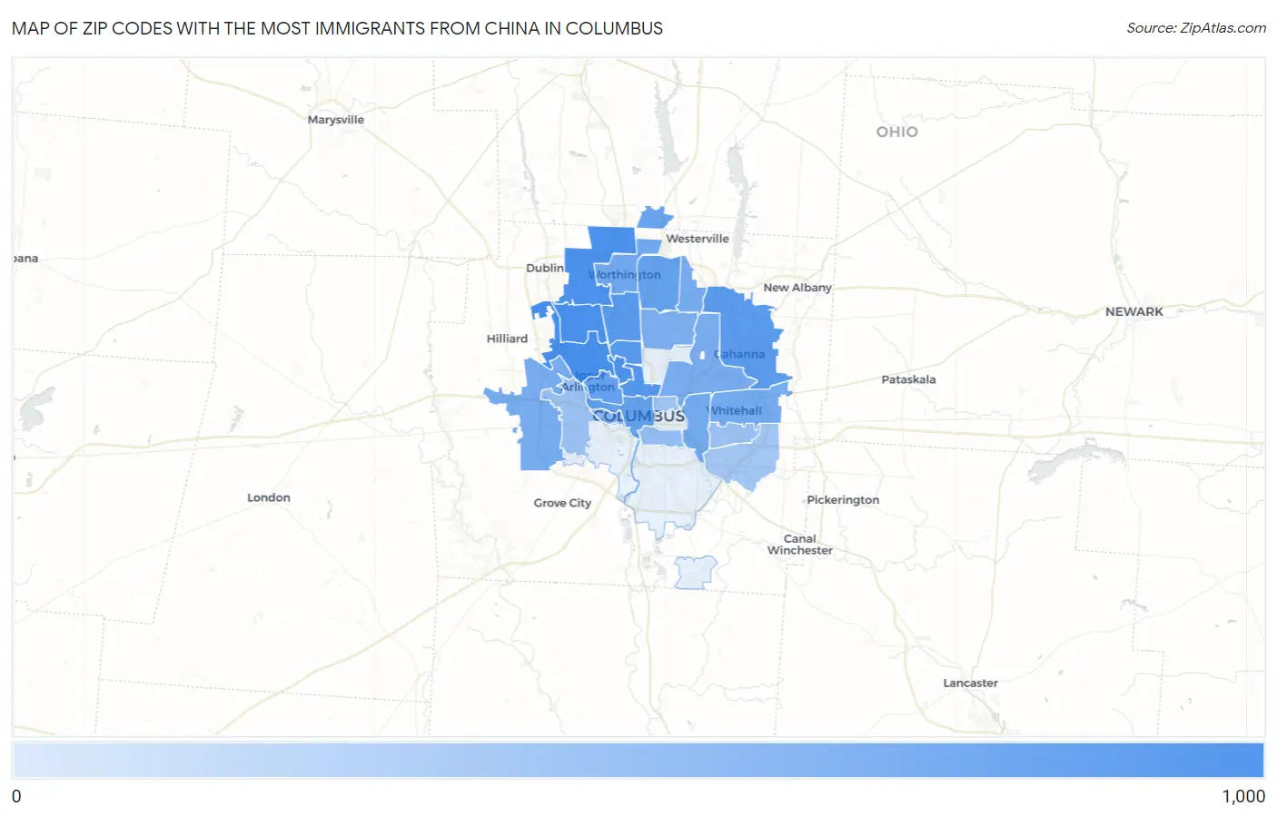 Zip Codes with the Most Immigrants from China in Columbus Map