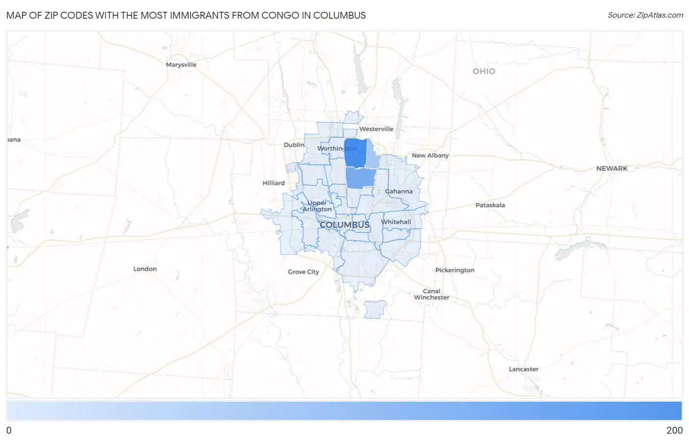 Zip Codes with the Most Immigrants from Congo in Columbus Map