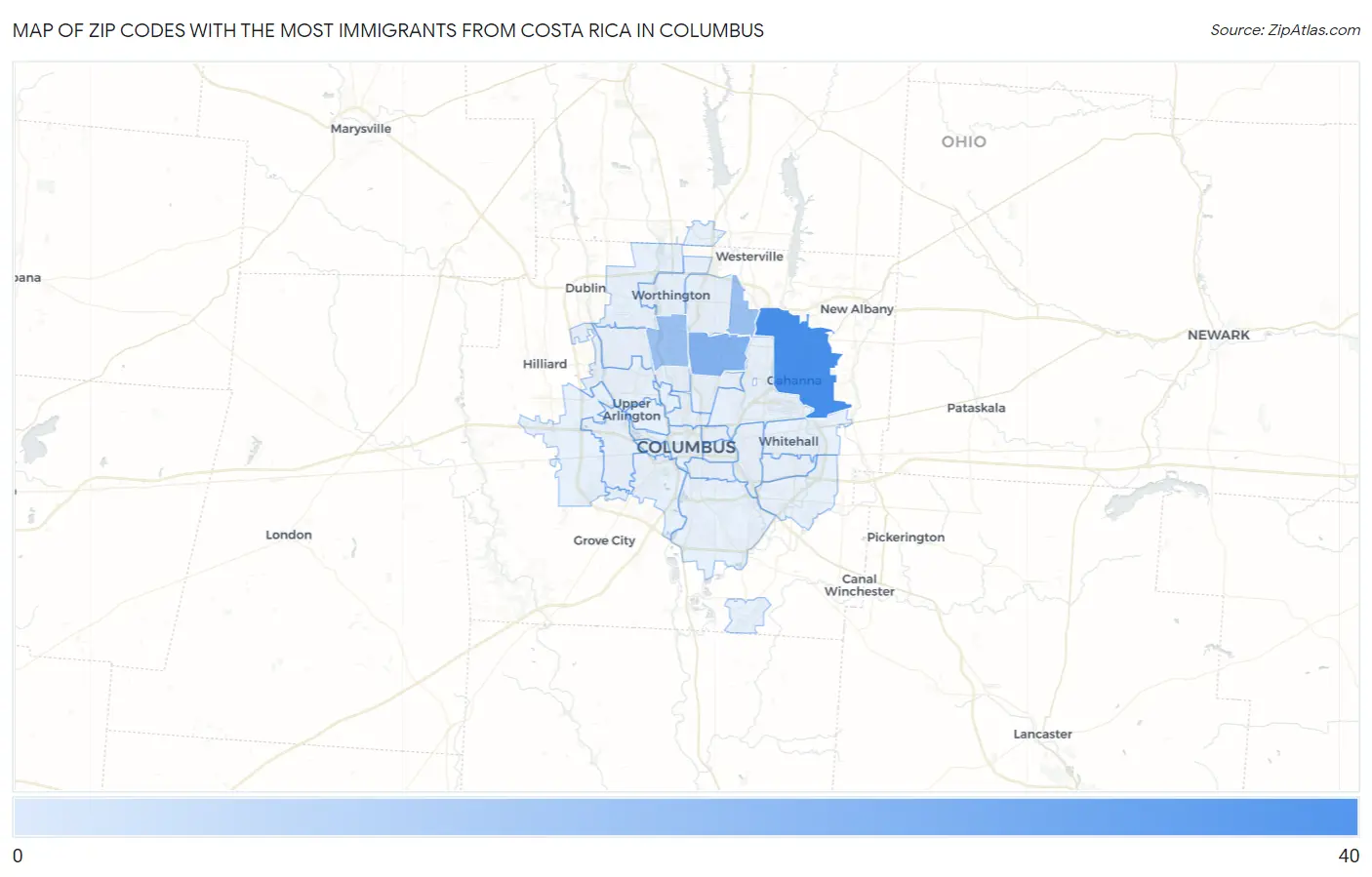 Zip Codes with the Most Immigrants from Costa Rica in Columbus Map