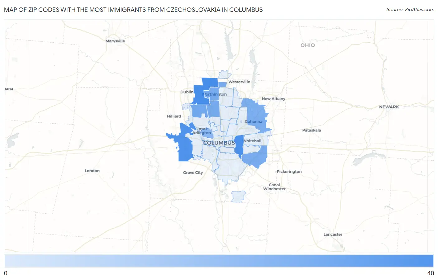 Zip Codes with the Most Immigrants from Czechoslovakia in Columbus Map