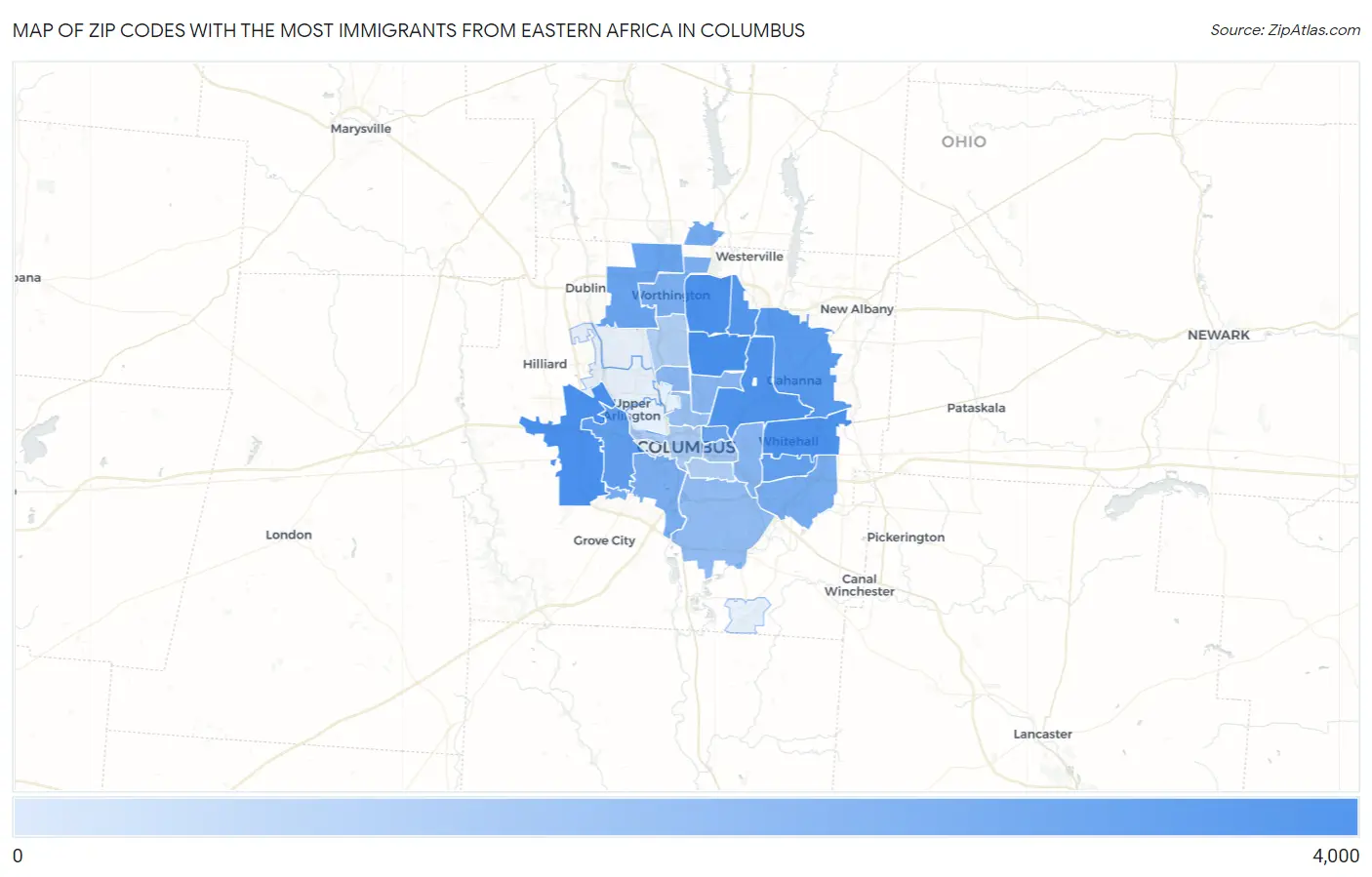 Zip Codes with the Most Immigrants from Eastern Africa in Columbus Map