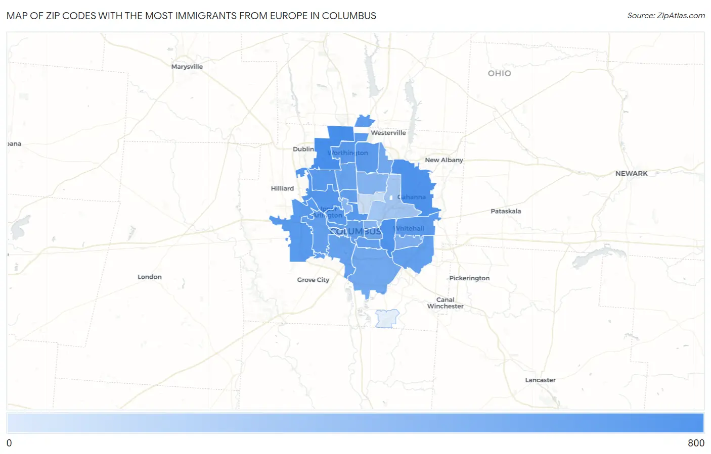 Zip Codes with the Most Immigrants from Europe in Columbus Map