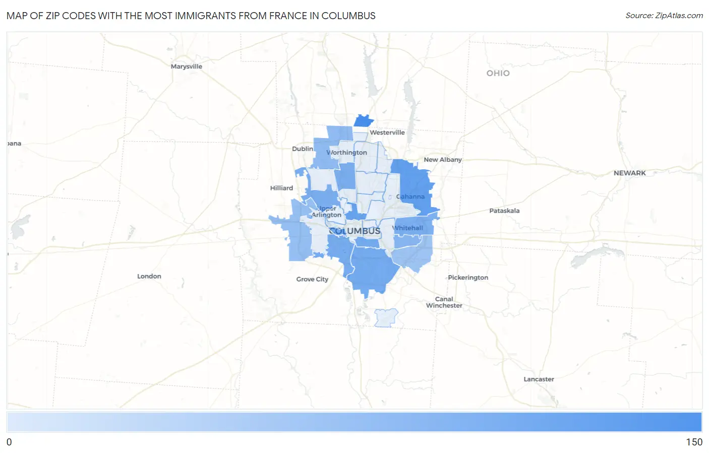 Zip Codes with the Most Immigrants from France in Columbus Map