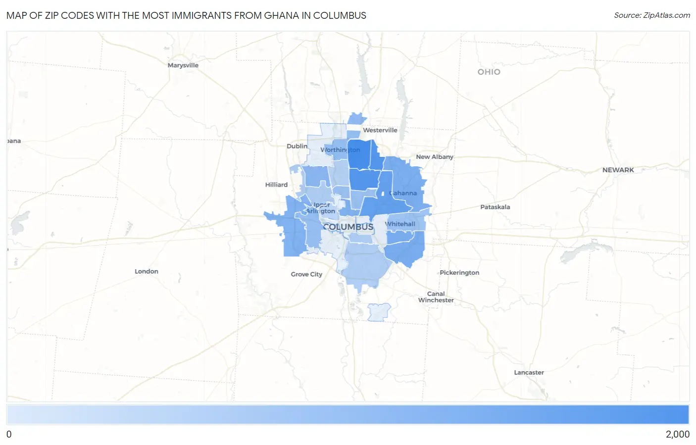 Zip Codes with the Most Immigrants from Ghana in Columbus Map