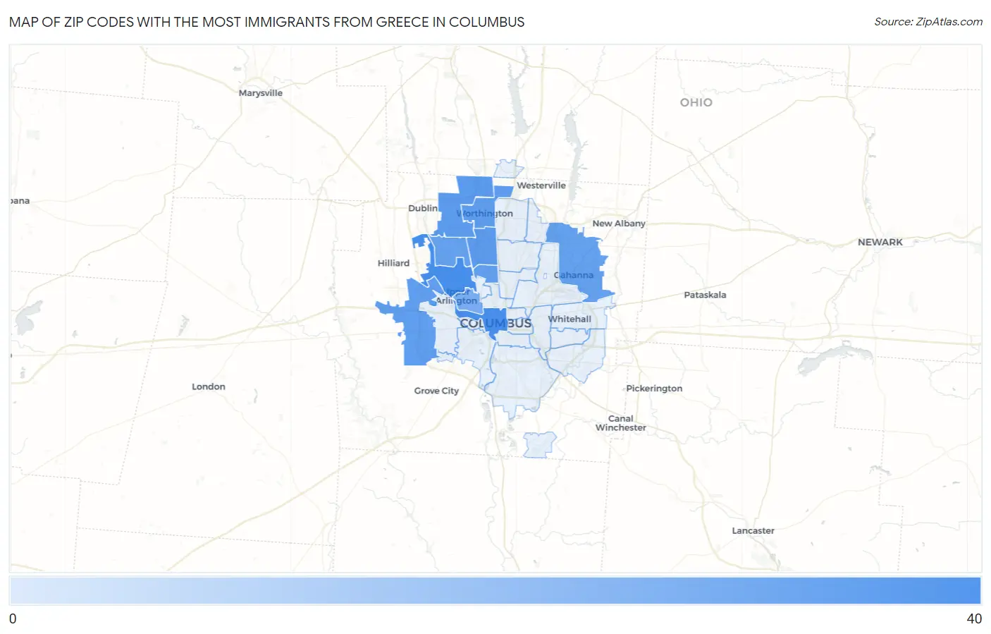 Zip Codes with the Most Immigrants from Greece in Columbus Map