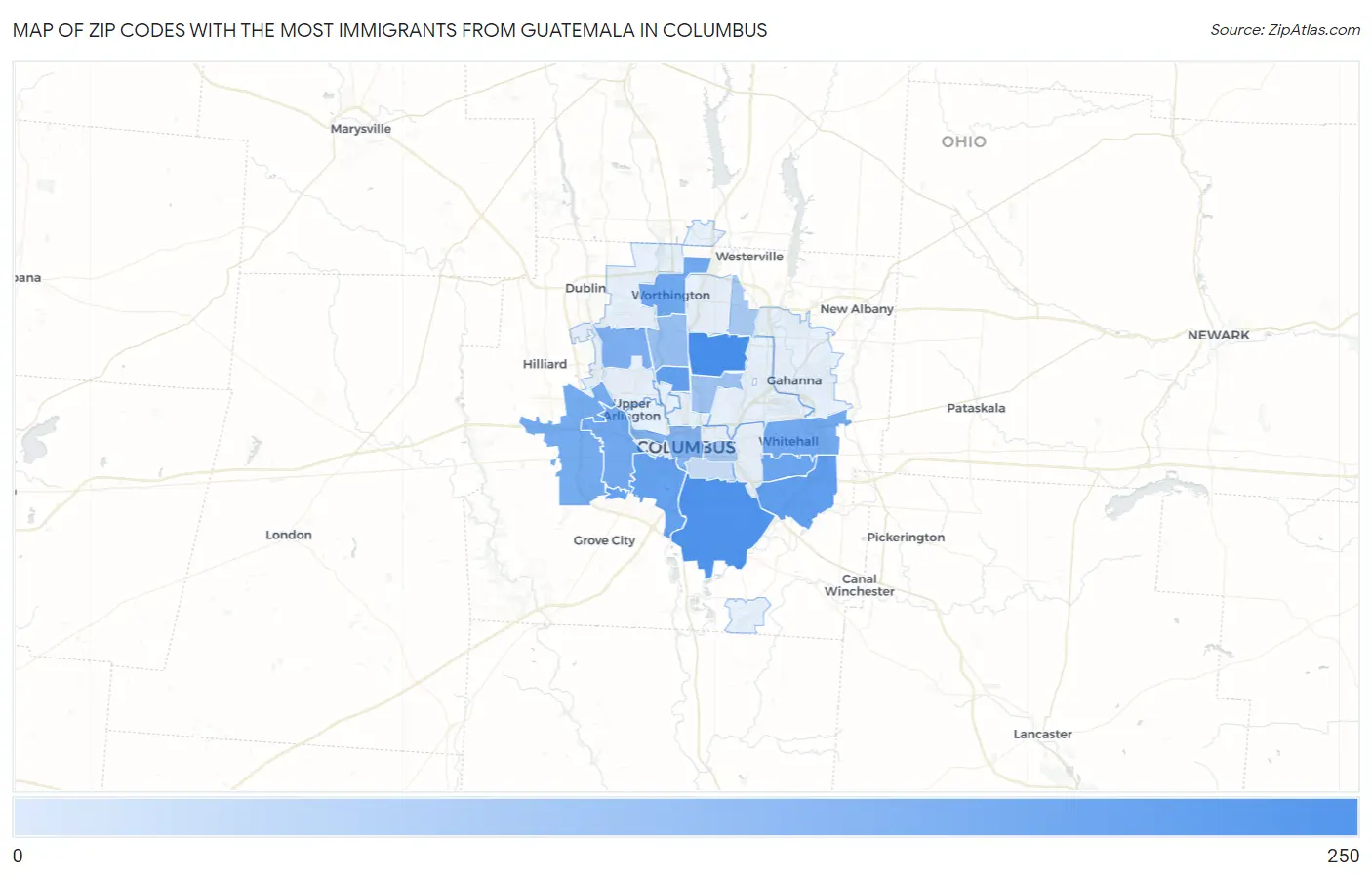 Zip Codes with the Most Immigrants from Guatemala in Columbus Map