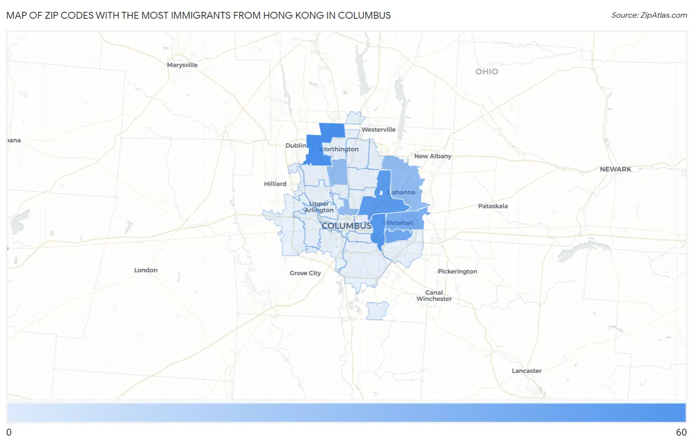 Zip Codes with the Most Immigrants from Hong Kong in Columbus Map