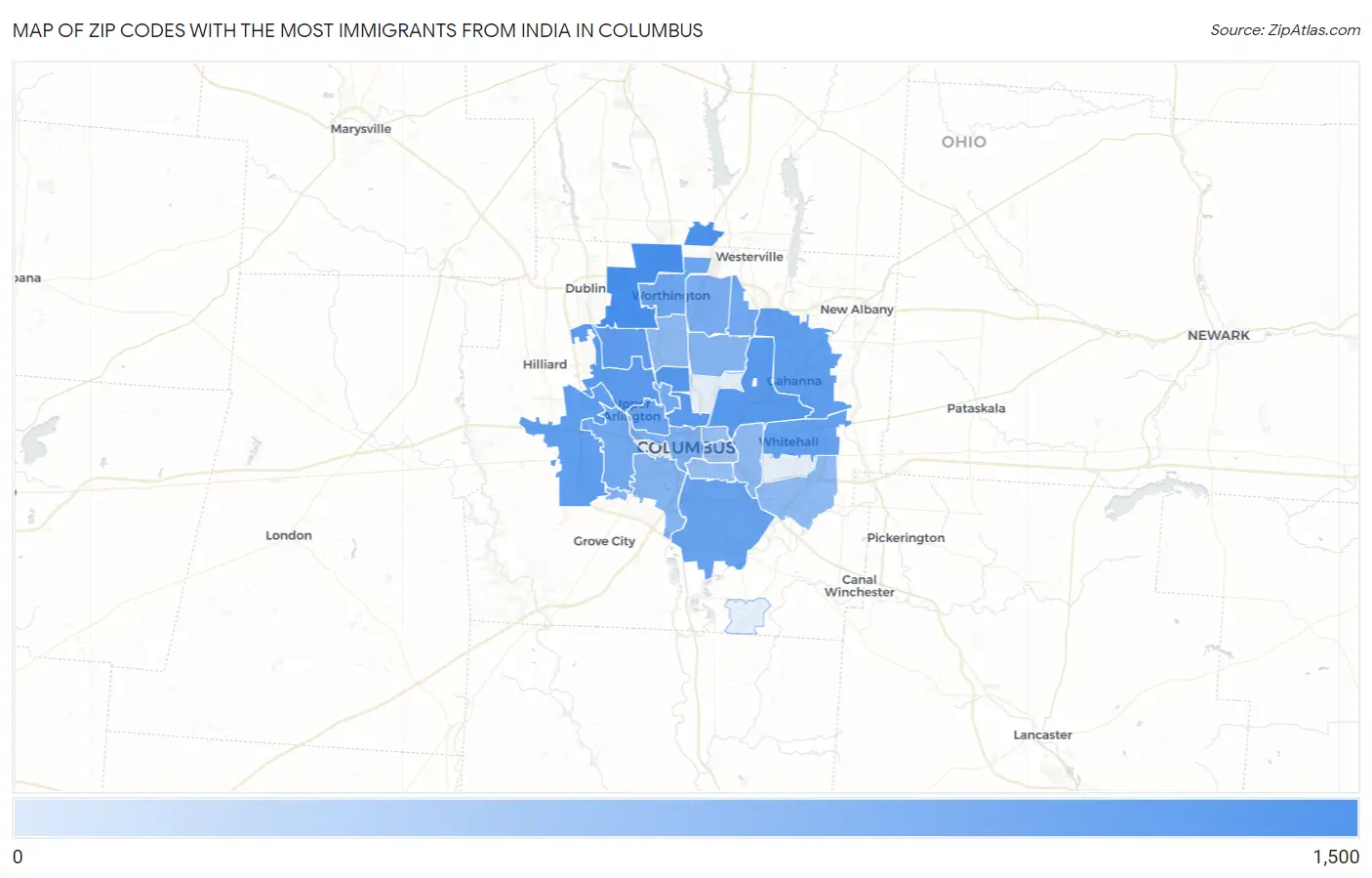 Zip Codes with the Most Immigrants from India in Columbus Map