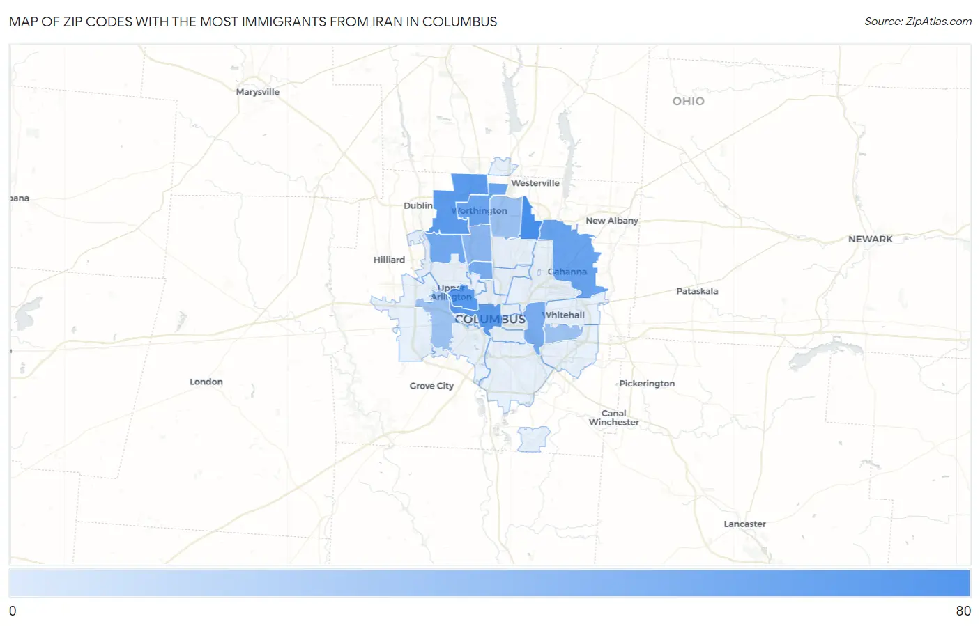 Zip Codes with the Most Immigrants from Iran in Columbus Map