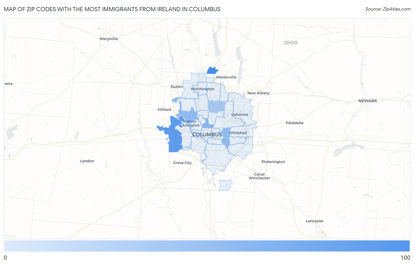 Zip Codes with the Most Immigrants from Ireland in Columbus Map