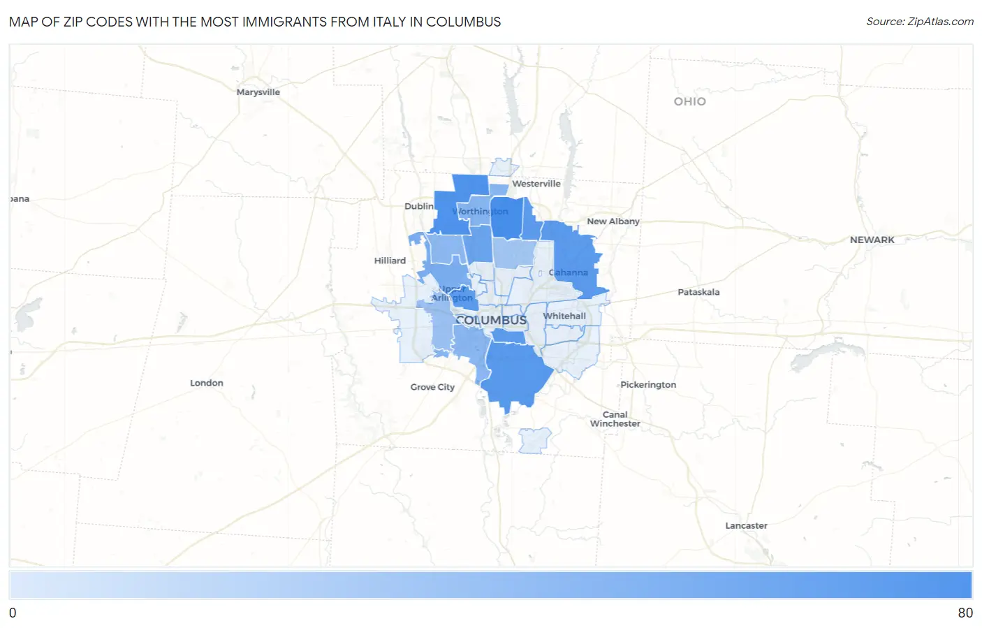 Zip Codes with the Most Immigrants from Italy in Columbus Map