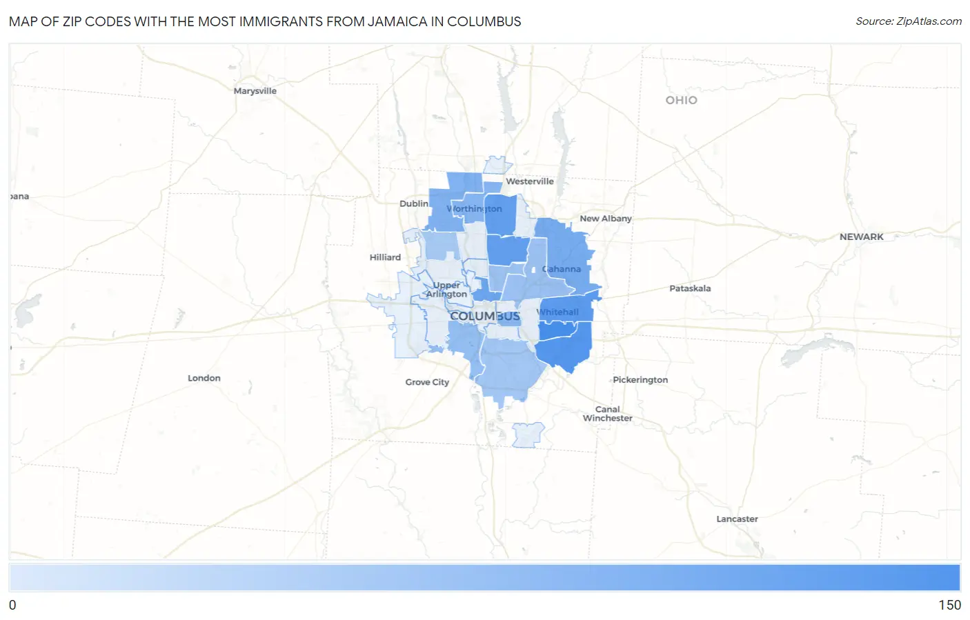 Zip Codes with the Most Immigrants from Jamaica in Columbus Map