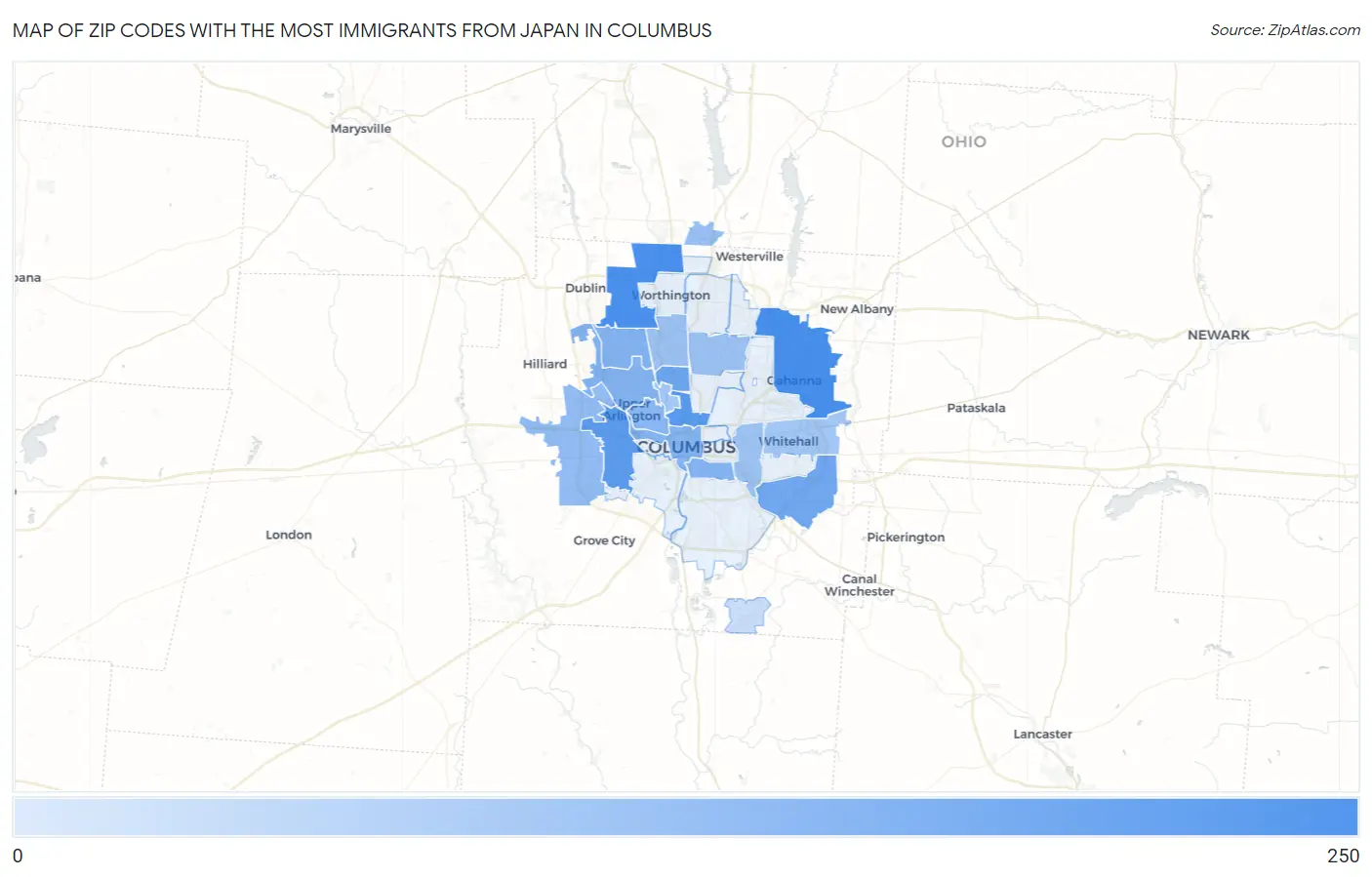 Zip Codes with the Most Immigrants from Japan in Columbus Map