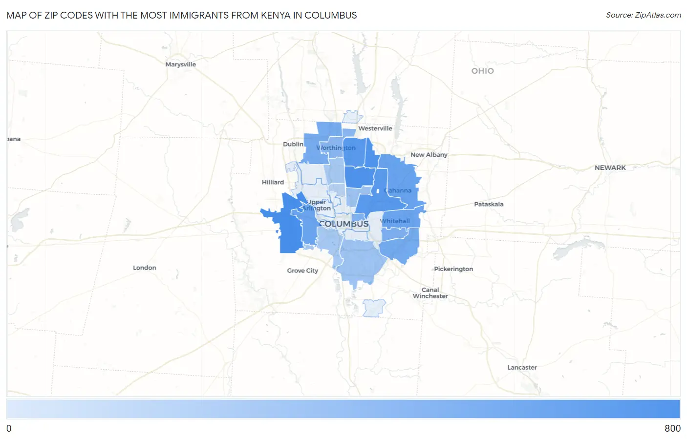 Zip Codes with the Most Immigrants from Kenya in Columbus Map