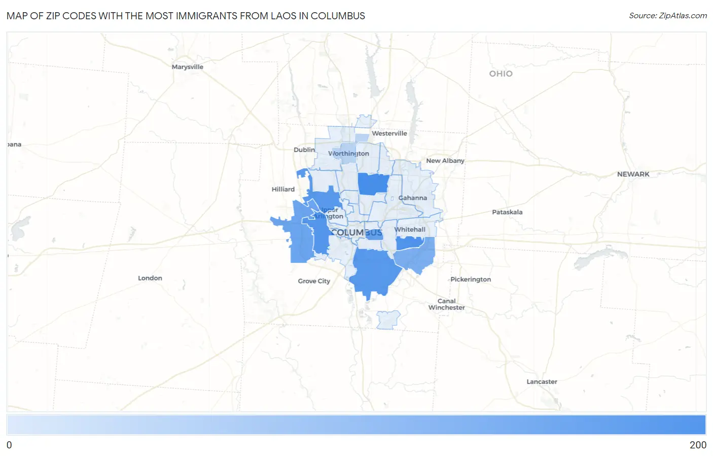 Zip Codes with the Most Immigrants from Laos in Columbus Map