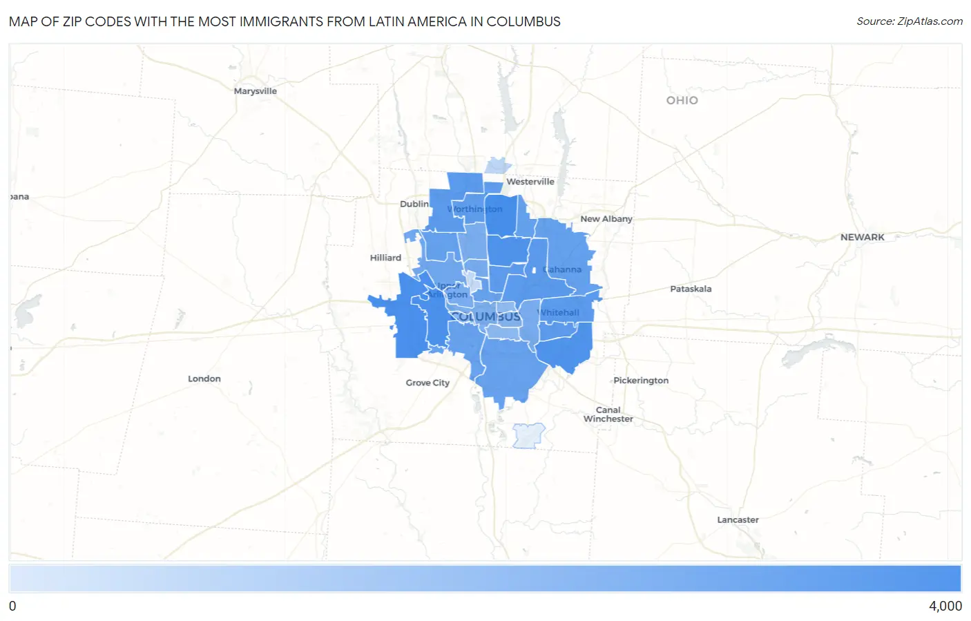 Zip Codes with the Most Immigrants from Latin America in Columbus Map