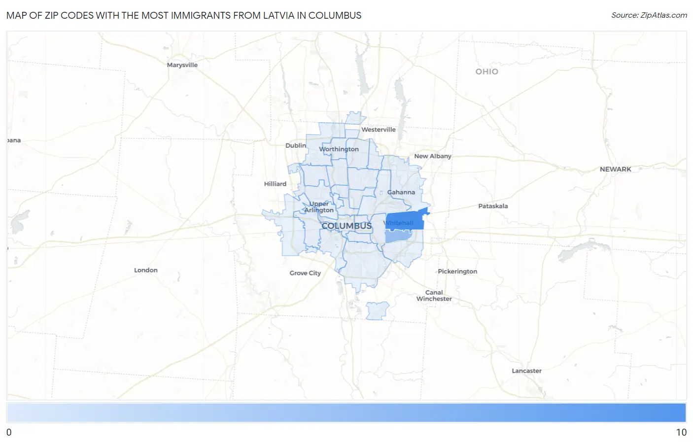 Zip Codes with the Most Immigrants from Latvia in Columbus Map