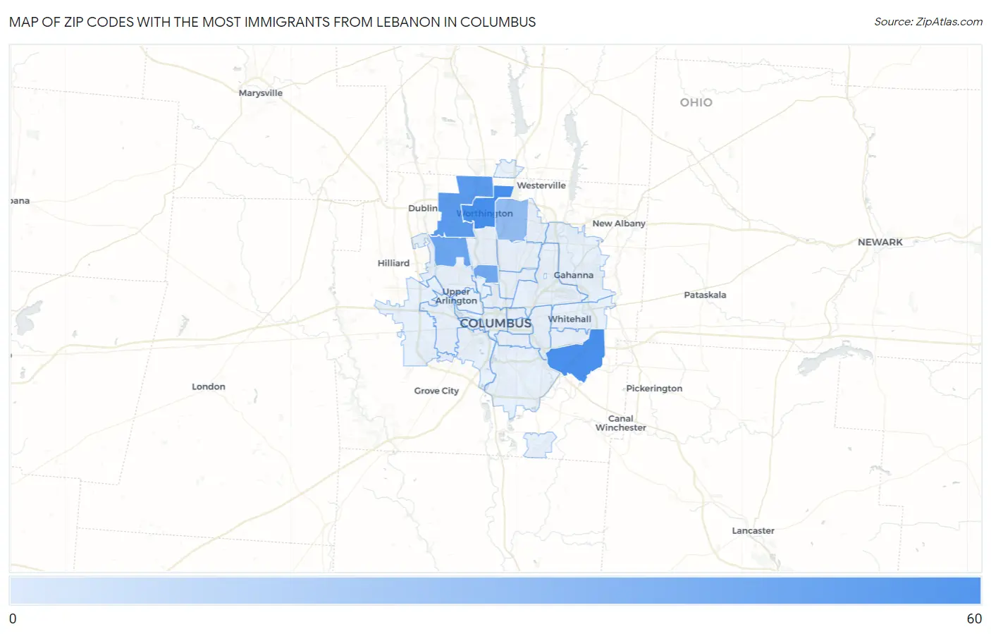 Zip Codes with the Most Immigrants from Lebanon in Columbus Map