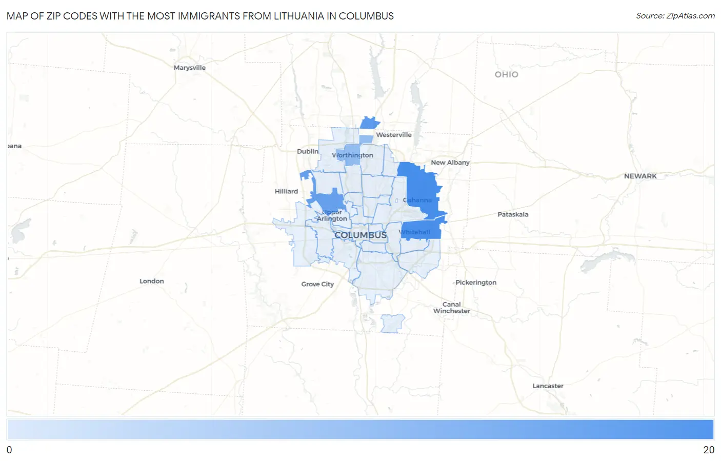 Zip Codes with the Most Immigrants from Lithuania in Columbus Map