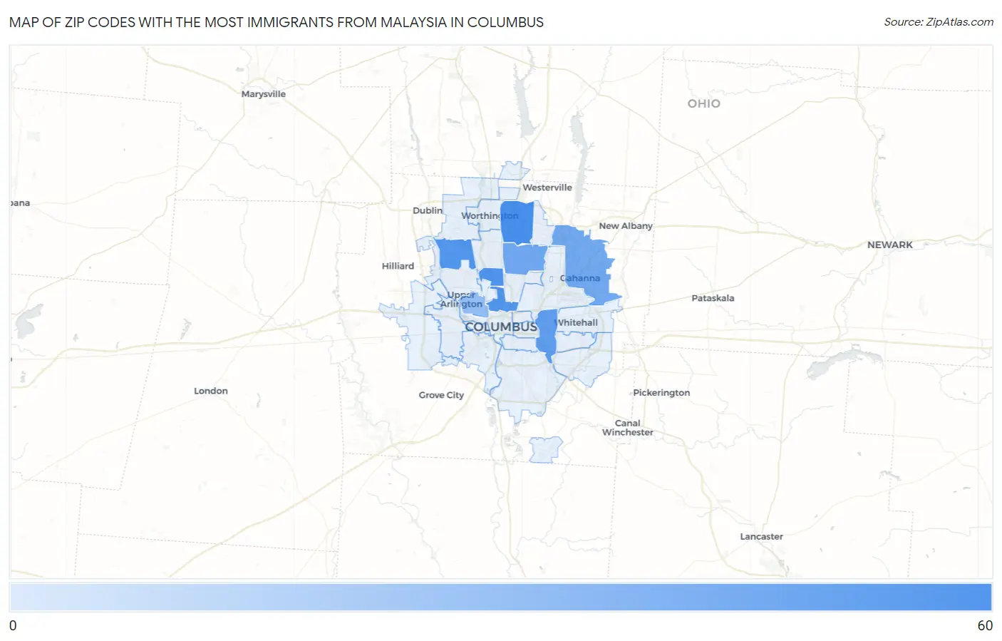 Zip Codes with the Most Immigrants from Malaysia in Columbus Map
