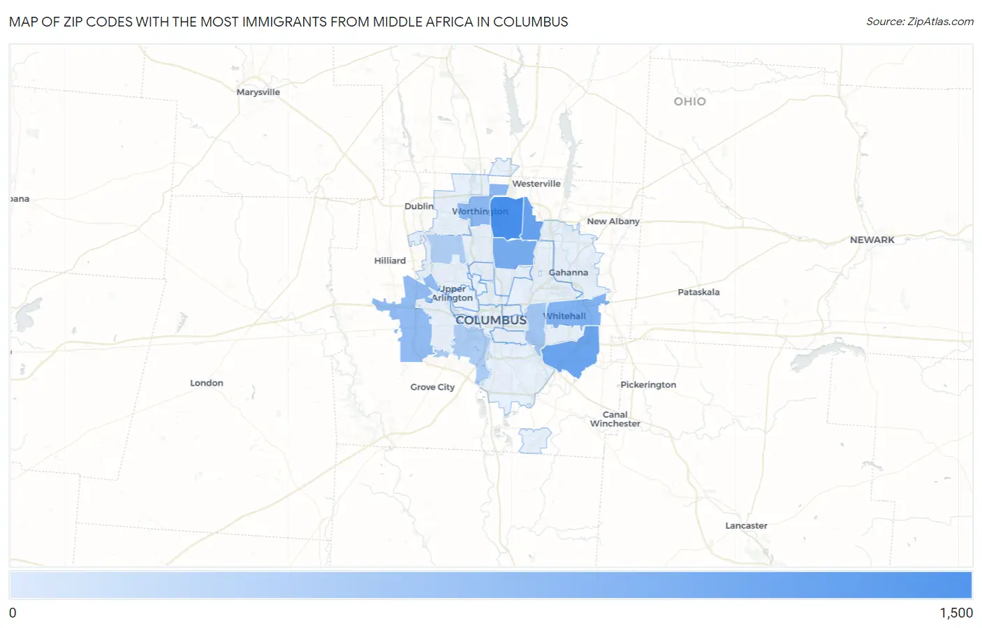 Zip Codes with the Most Immigrants from Middle Africa in Columbus Map