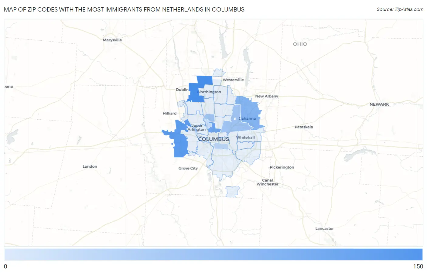 Zip Codes with the Most Immigrants from Netherlands in Columbus Map