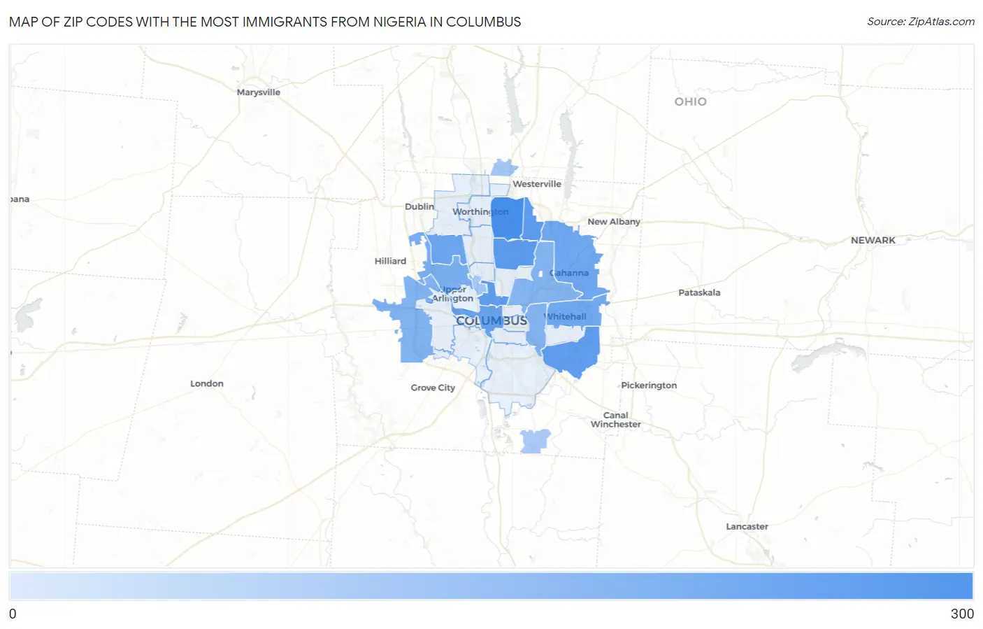 Zip Codes with the Most Immigrants from Nigeria in Columbus Map