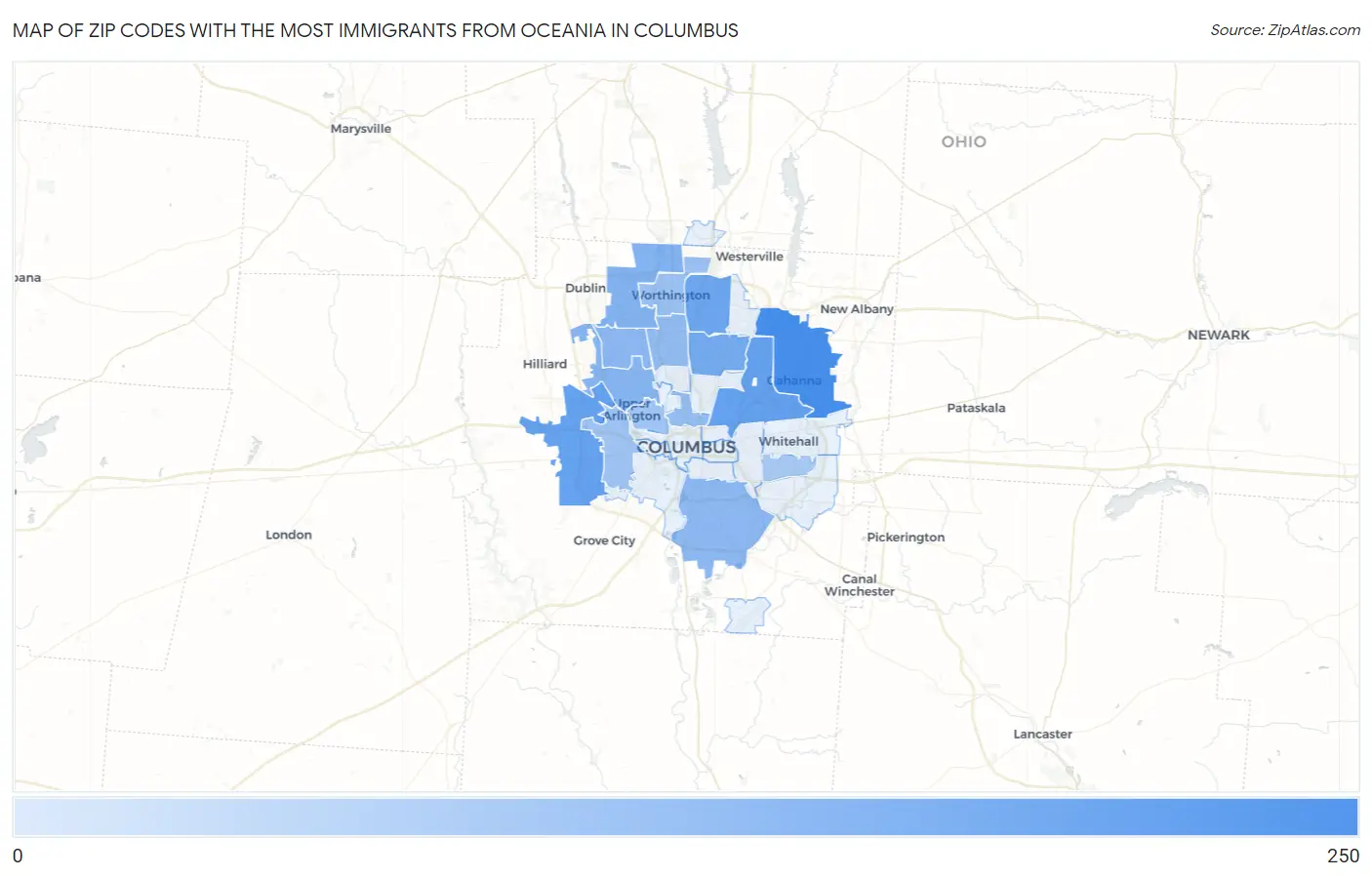 Zip Codes with the Most Immigrants from Oceania in Columbus Map