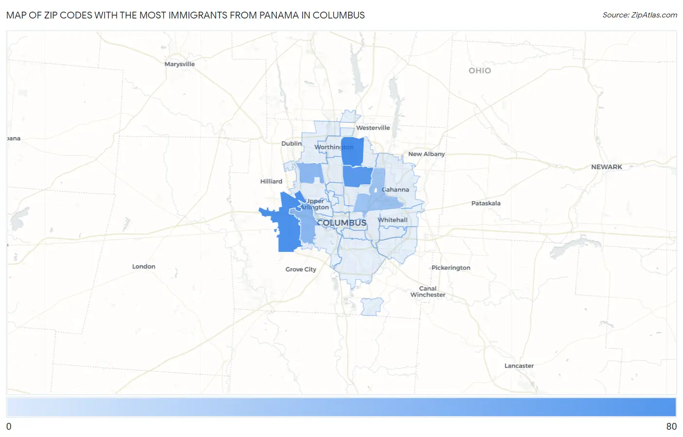 Zip Codes with the Most Immigrants from Panama in Columbus Map