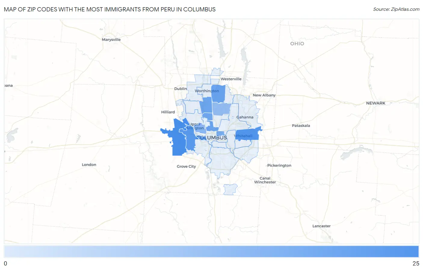 Zip Codes with the Most Immigrants from Peru in Columbus Map
