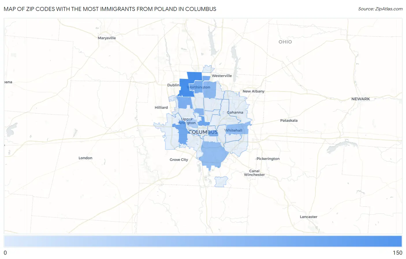 Zip Codes with the Most Immigrants from Poland in Columbus Map