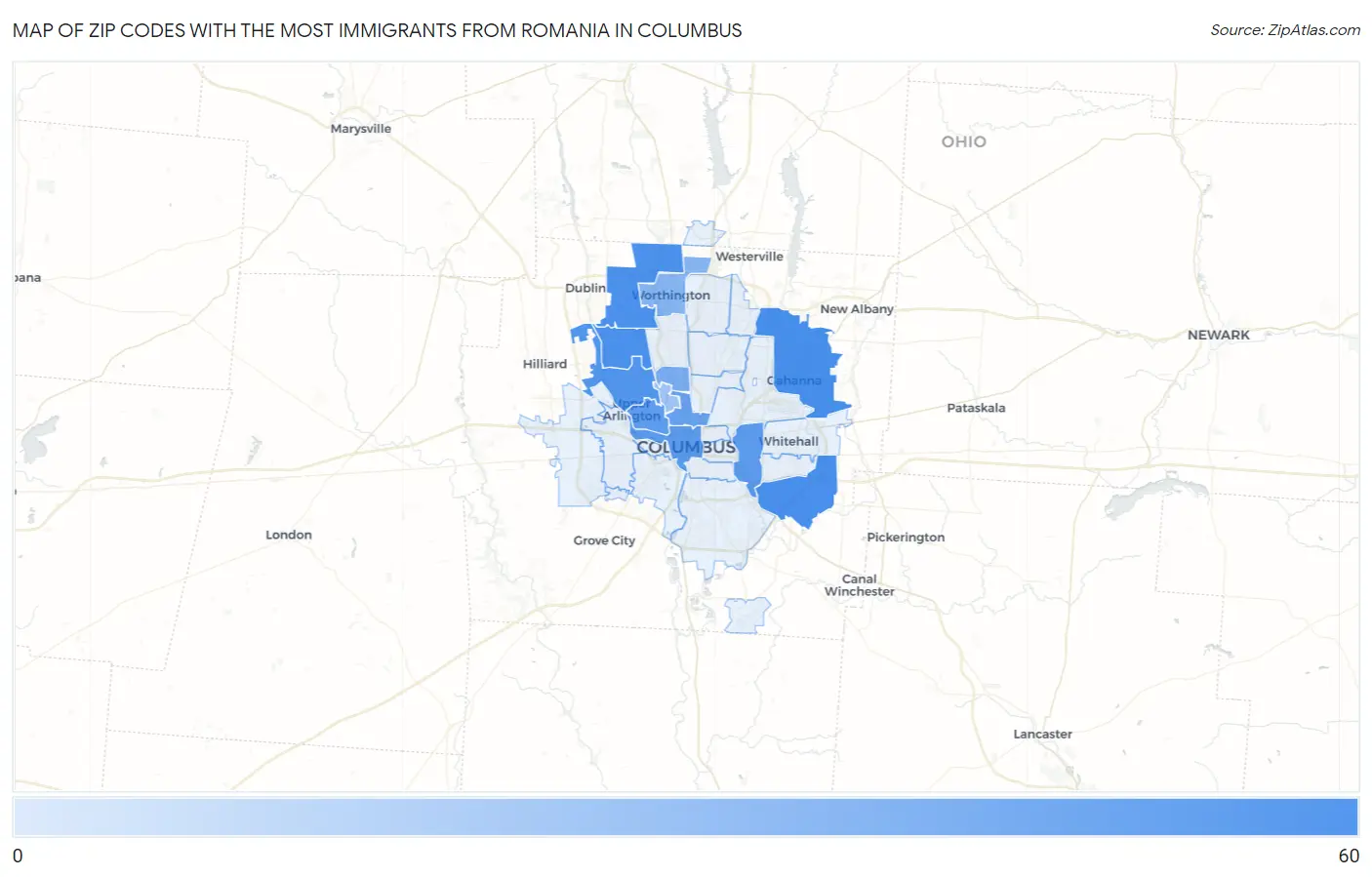 Zip Codes with the Most Immigrants from Romania in Columbus Map