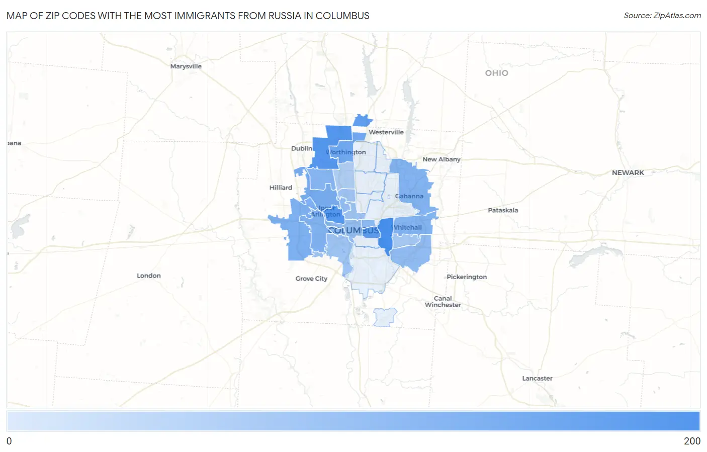 Zip Codes with the Most Immigrants from Russia in Columbus Map