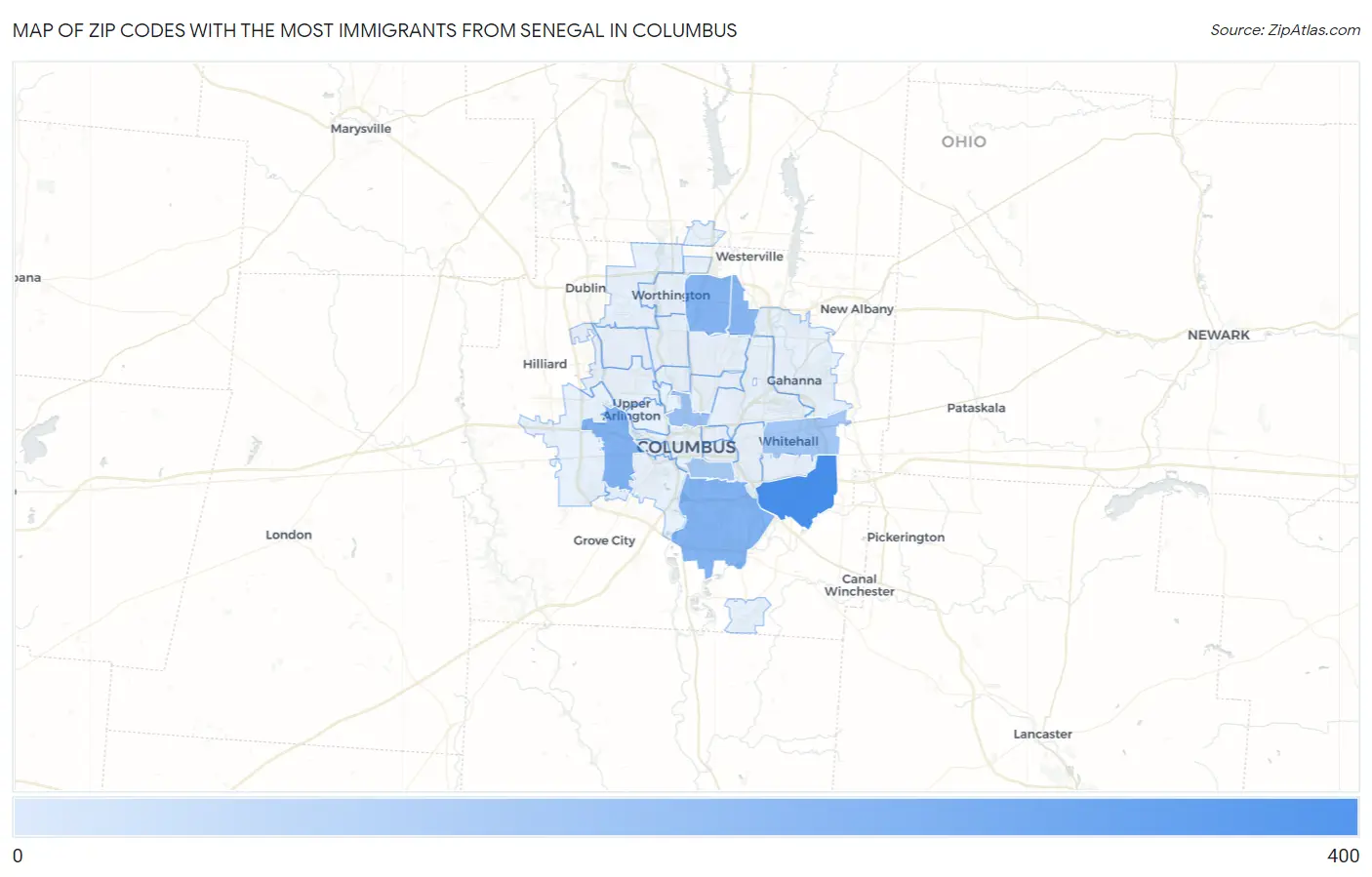 Zip Codes with the Most Immigrants from Senegal in Columbus Map
