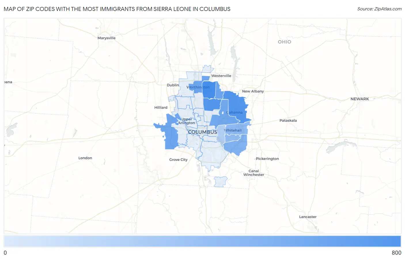 Zip Codes with the Most Immigrants from Sierra Leone in Columbus Map