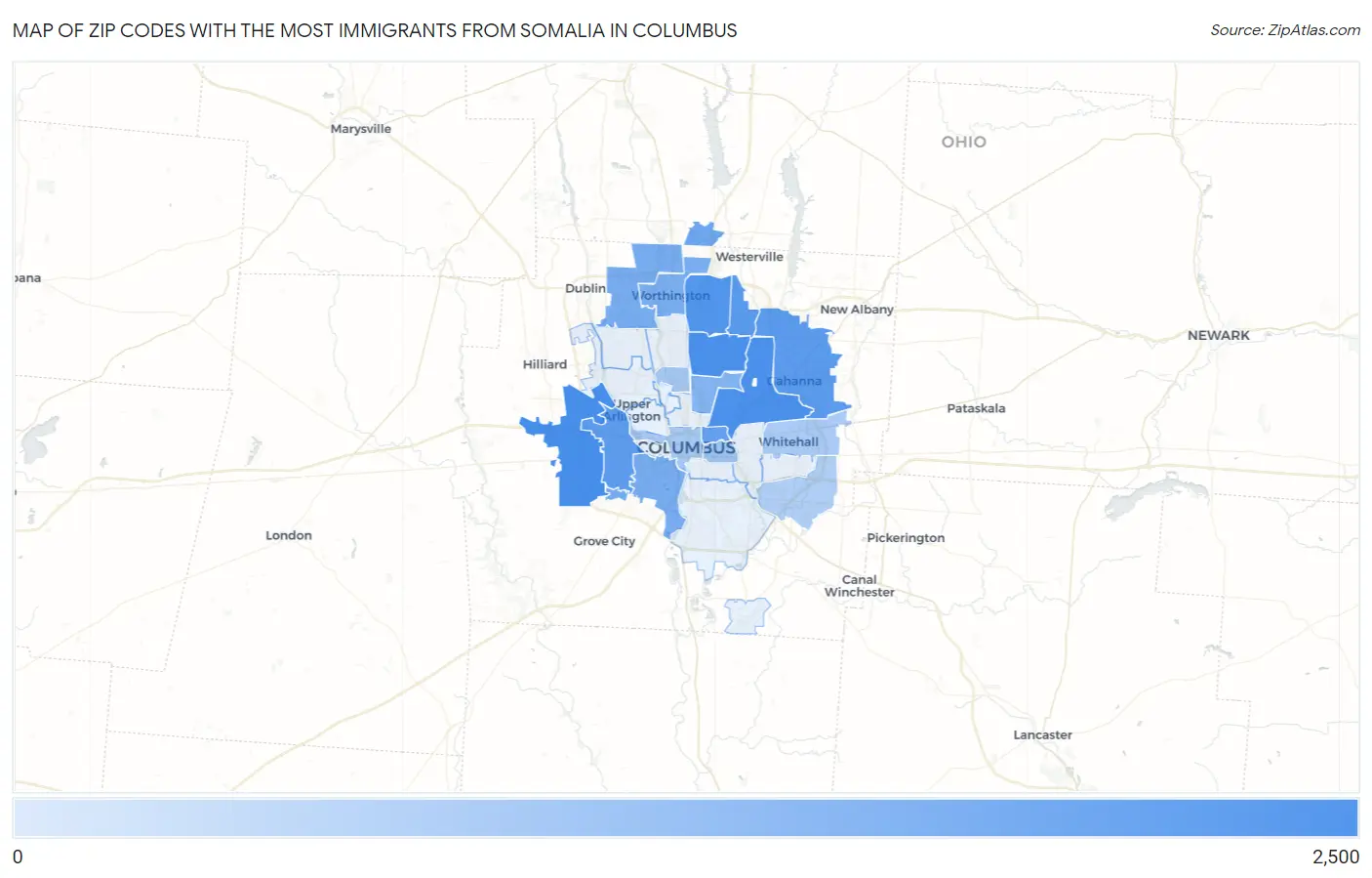 Zip Codes with the Most Immigrants from Somalia in Columbus Map