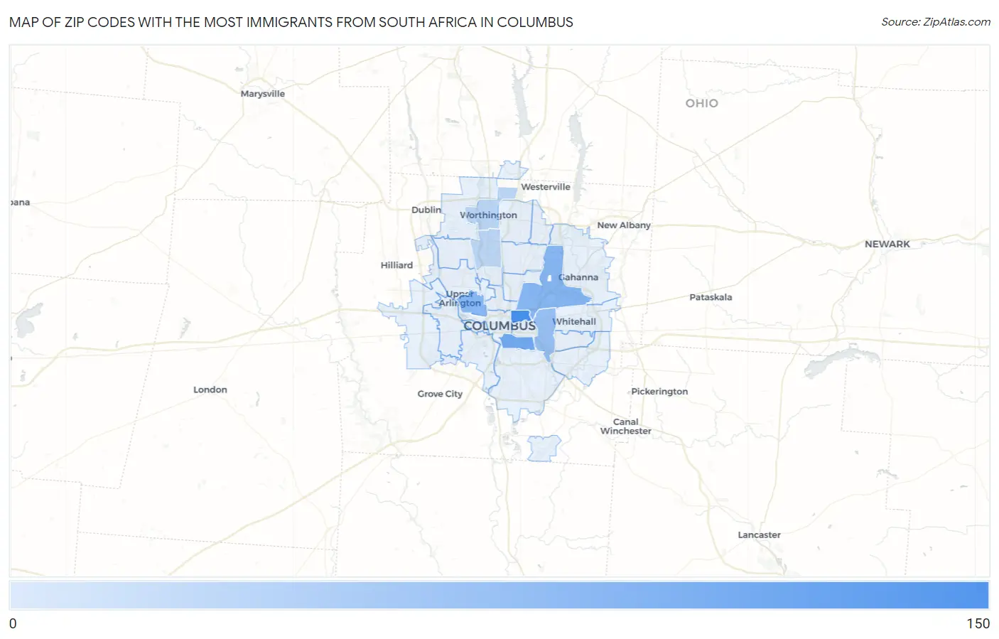 Zip Codes with the Most Immigrants from South Africa in Columbus Map