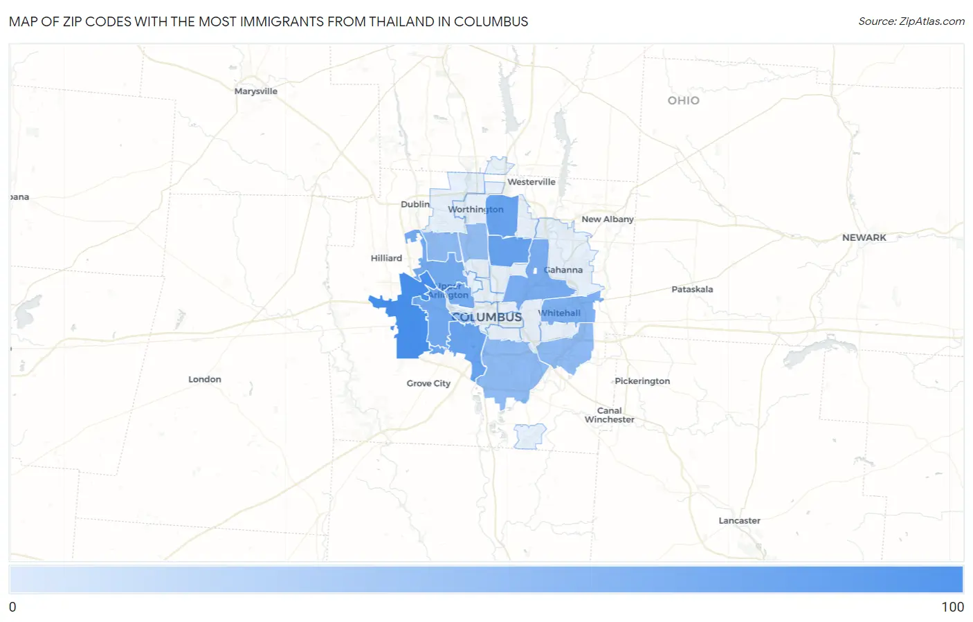 Zip Codes with the Most Immigrants from Thailand in Columbus Map