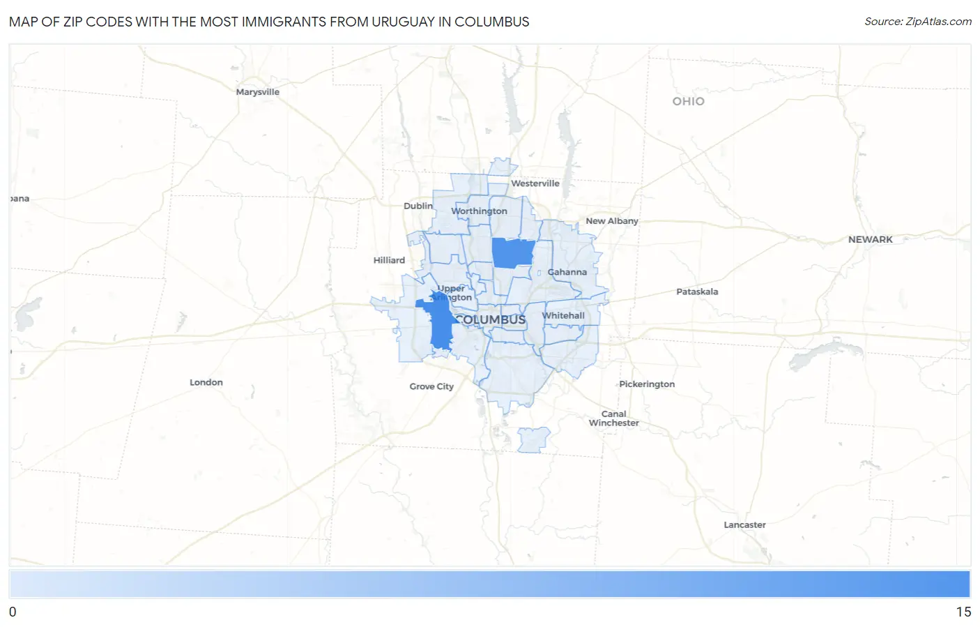Zip Codes with the Most Immigrants from Uruguay in Columbus Map