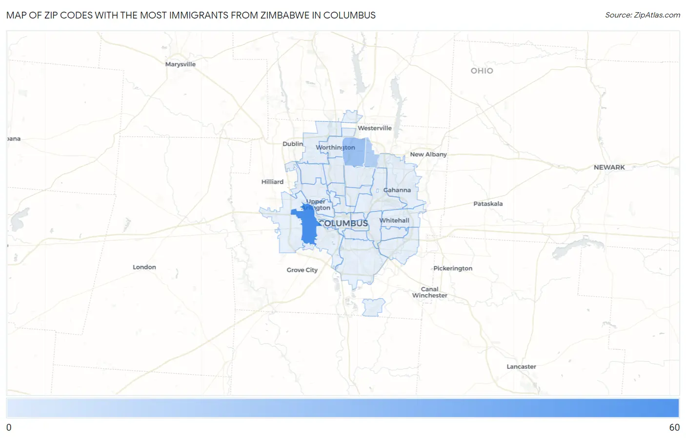 Zip Codes with the Most Immigrants from Zimbabwe in Columbus Map