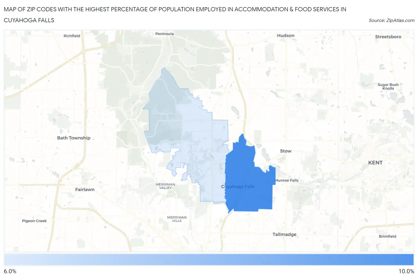 Zip Codes with the Highest Percentage of Population Employed in Accommodation & Food Services in Cuyahoga Falls Map