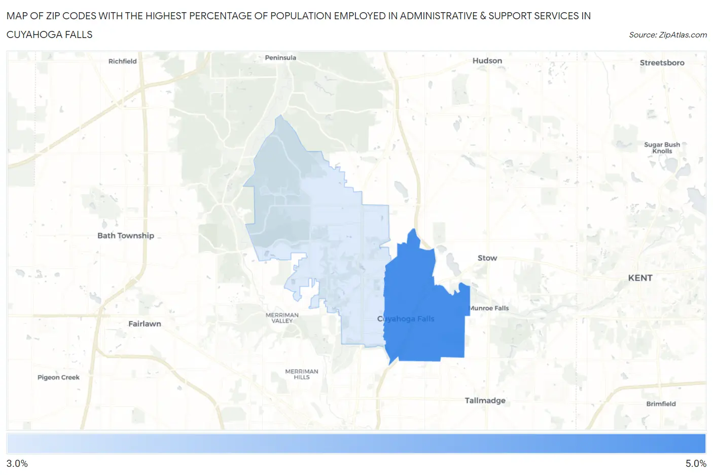 Zip Codes with the Highest Percentage of Population Employed in Administrative & Support Services in Cuyahoga Falls Map